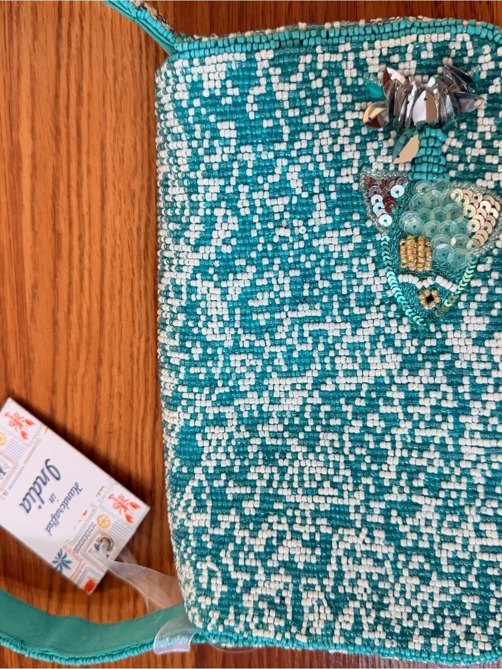 Turquoise beaded fish shoulder handbag sparkling silver fish handcrafted NWT